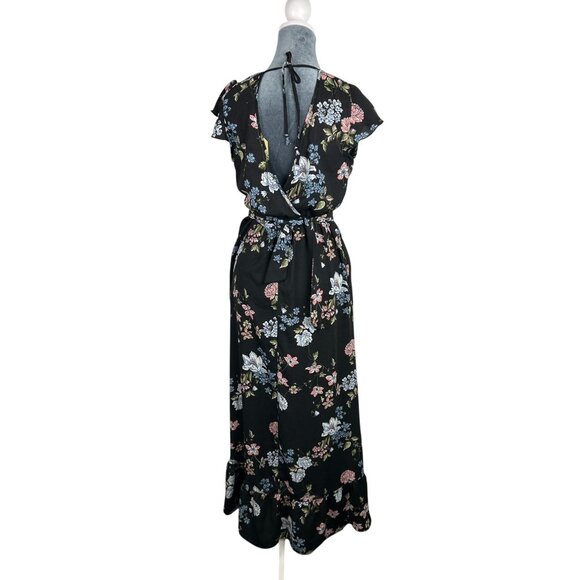 BO.G Collective Floral Wrap Maxi Dress Black/Blue Small With Flutter Sleeves NWT - Picture 2 of 16